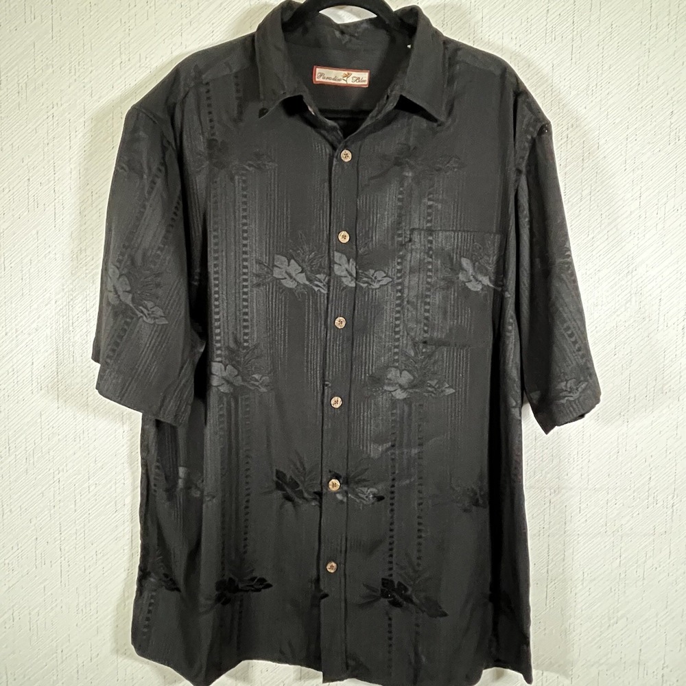 Vintage Paradise Blue Men's XXL black Hawaiian Island Button Front Shirt Floral